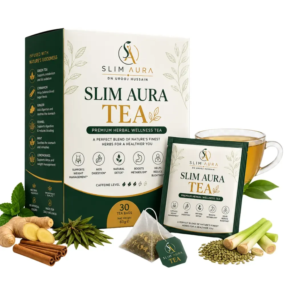 Slim Aura Premium Herbal Wellness Tea box with tea bag and brewed cup